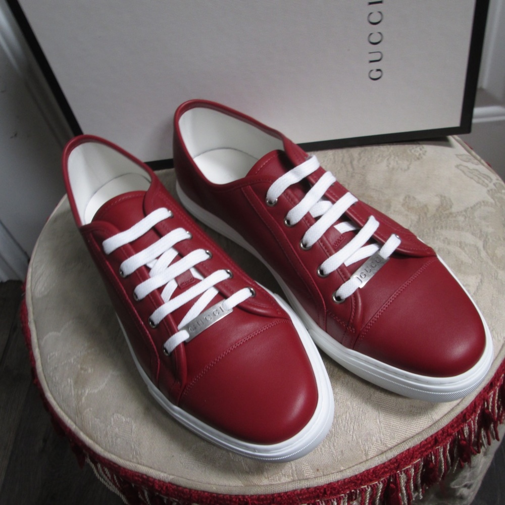 new GUCCI Trainer leather burgundy low cut shoes Sz US 12 - Picture 5 of 16
